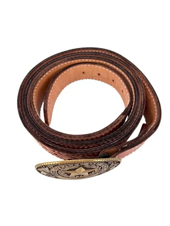 Size 66 Mens Belt Lone Star Buckle on Tooled Leather Belt Nubuck Floral - Picture 2 of 11